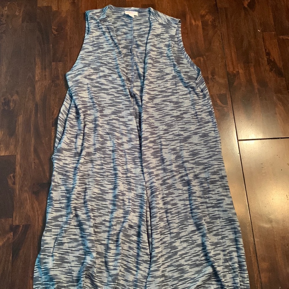 Lularoe blue green and white long vest, size medium